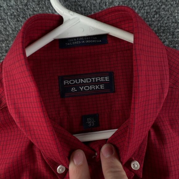 NWT Roundtree & Yorke Button Up Shirt Red Check 15.5 33 Long Sleeve Fine Cotton - Picture 7 of 15
